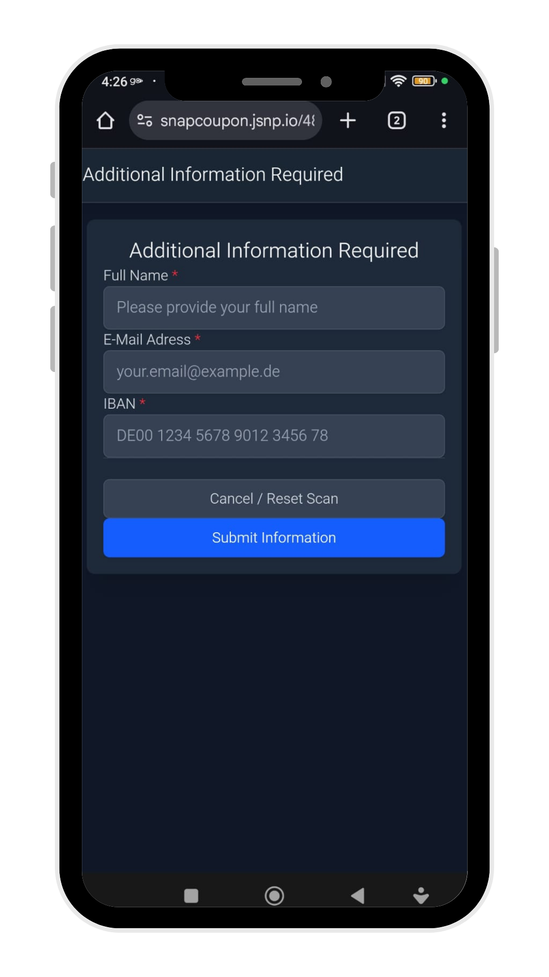 SnapCoupon user journey: Fill out the Form