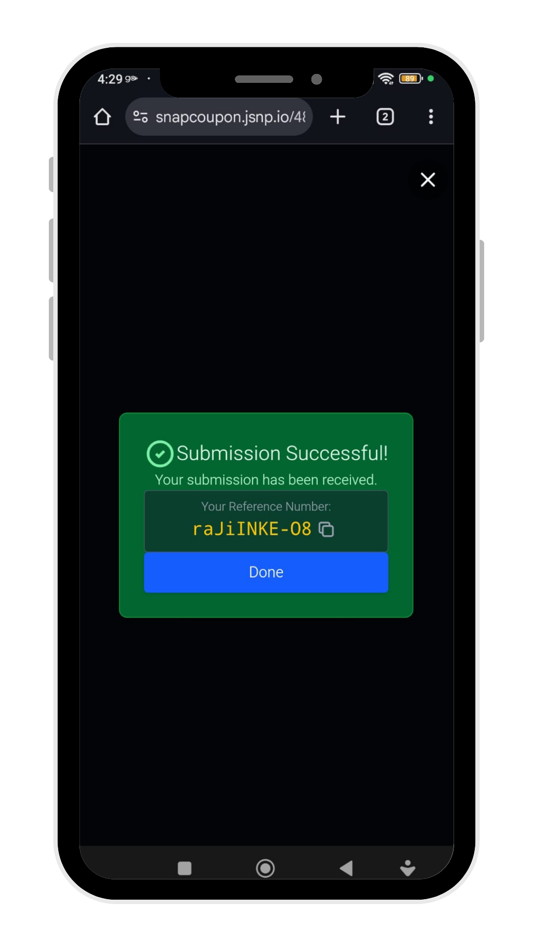 SnapCoupon user journey: Save Your Reference Number